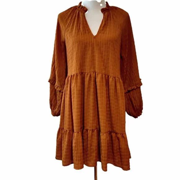brown satin dress outfit Jasper V-Neck Balloon Sleeve Midi Dress